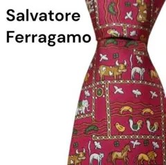 【美品】Ferragamo フェラガモ ネクタイ 総柄 レッド