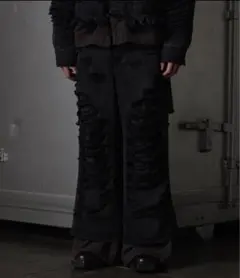 GRANCY スウェットドッキングデザインダメージバギーデニムパンツ ブラックL