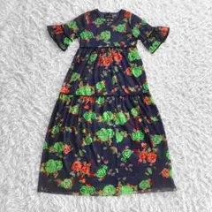 レトロ 花柄 ロング ワンピース 総柄 ドット柄 ダークネイビー M