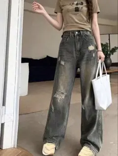 レディース　ダメージデニム　ストレート　ヴィンテージブルー　xxs