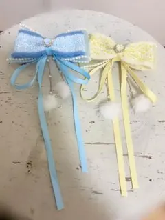 量産型 ロリータ ヘアクリップ リボン 水色 黄色