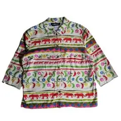 USA古着・麻&レーヨン 総柄 木製ビーズ飾り 長袖ブラウス ゆったり69041