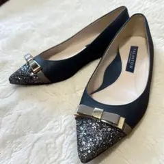 TALANTON by DIANA グリッター パンプス 金リボン ラメ　紺色