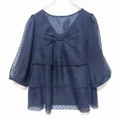 イマージュ ドットシフォン リボン ティアード ブラウス L ブラック 七分袖