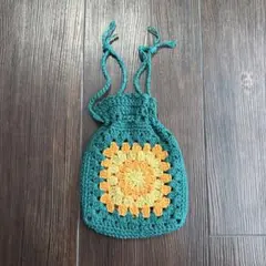 かぎ針編み 巾着袋 青緑とオレンジ