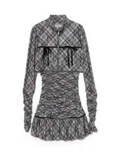 bubbles ダブルリボンシアーチェックワンピース グレー