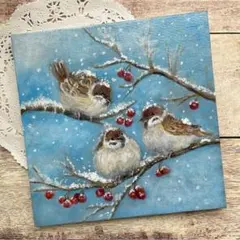 アクリル画　オイルパステル画　冬の日のスズメたちNo.2 キャンバスアート