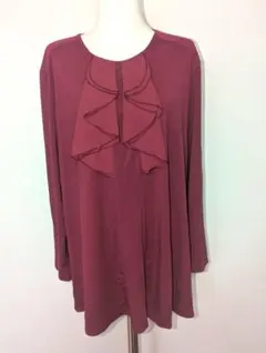 大きいサイズ【3L】フリル付き長袖チュニック　バーガンディ
