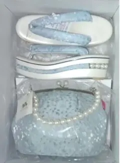 草履（厚底）・バッグ フラワーレース パール ブルー／水色 成人式（振袖）卒業式