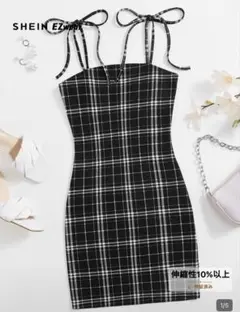 【良品】SHEIN ブラック/ホワイトチェック キャミワンピース S 韓国風