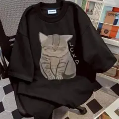 【猫イラスト】オーバーサイズTシャツ ブラック 綿100% 半袖 男女兼用