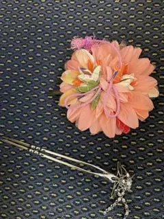 アンティーク和風お花クリップピンク系×お花のかんざしセットシルバー系