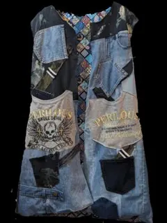 ドクロ　袖なしデニム羽織り 2L超 Chiiちゃんこ 裏地和柄  ユニセックス