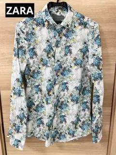ZARA MAN フラワー柄シャツ（ブルー系）スリムフィットシャツ Mサイズ