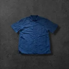 ヴィンテージユーズド古着半袖シャツボタニカル総柄ブルーネイビーR698