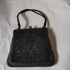 黒革製 コード刺繍 ガマ口バック バック 和装小物 希少 レトロ アンティーク