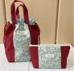 花柄×レッド☆巾着トートバッグ＆ポーチセット
