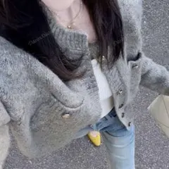 グレー ボタン付きショートカーディガンSHEIN