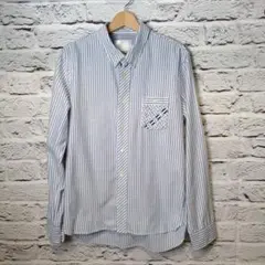 美品■WHITE RAVEN 編込デザイン 長袖BDシャツ 白×青 ストライプ