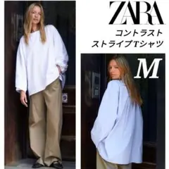 新品＊ZARA　コントラスト　ストライプ　Tシャツ　M　ザラ