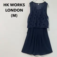 美品 HK WORKS LONDON ワンピース ひざ丈 レース 切替 ネイビー