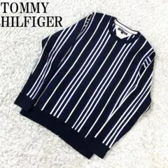 トミーヒルフィガー 長袖ニット 綿 ストライプ 黒 紺 XL B3257