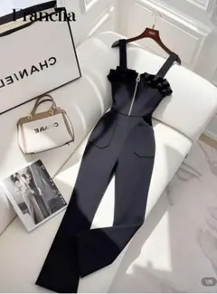 SHEINブラックフリルジップサロペットパンツ