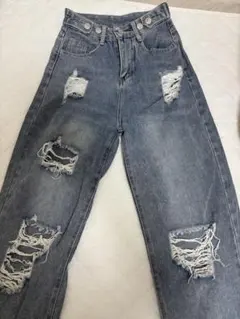 ダメージ加工ハイウエストデニムパンツ