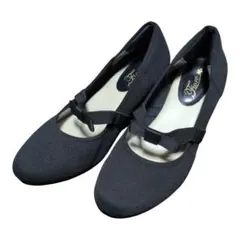 Freude　Lサイズ　ゴムストラップ　パンプス　ウェッジソール　布製　ブラック