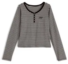 GRLロゴ刺繍ボーダー柄ヘンリーネックトップス(th011)のサムネイル