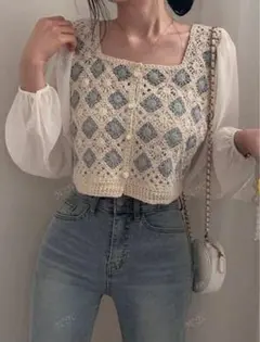 SHEIN シーン YC'YC 長袖クロップドシャツ パッチワーク クロシェ