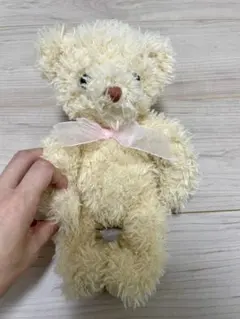美品　テディベア ぬいぐるみ アイボリー ピンクのリボン　手足磁石　ミュージアムのサムネイル