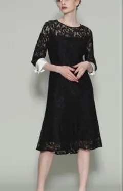 美品　グレースコンチネンタル　シルクカフス付レースワンピース　ロング　黒　38