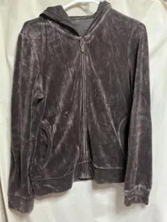 焦げ茶色 フード付きジップアップパーカー　ベロア