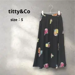 titty&Co 水彩ローズフレアスカート　花柄 ブラック ロング　ウエストゴム