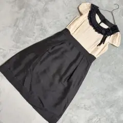 【美品】TO BE CHIC ワンピース 42 リボン付き 黒×ベージュ