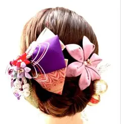 和柄リボンとつまみ細工の髪飾り (594)