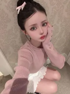 GRLグレイルクルーネック袖ボタンリブニットトップスピンクS