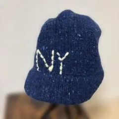 NY刺繍 ネイビー ニット帽　アイルランド製 ウール素材 ネイビー M