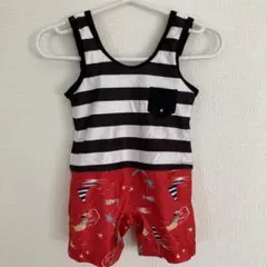 最終値下げ！美品キッズ水着黒白ストライプ赤ショートパンツワンピース型80センチ