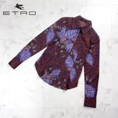美品 ETRO 大判花柄 長袖シャツ 総柄 ストレッチ 紫 茶色40*HD571