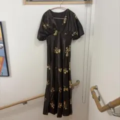 KANEKO ISAO カネコイサオ 花柄 ロングワンピース ブラウン パフ袖