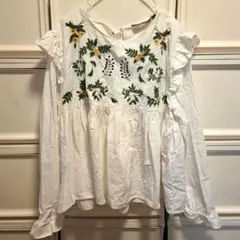 ザラ◆ZARA◆刺繍花柄ホワイト長袖シャツブラウスXLサイズ黄色グリーンネイビー