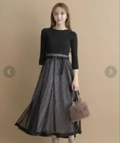 ランドチュール　七分袖チュールレースドッキングロングワンピース