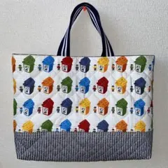 ハンドメイド　レッスンバッグ　絵本バッグ　カラフルブロック　キルティング生地