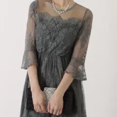 未使用級Lace Ladiesエレガントレースパーティードレス ミントグレー　Ｌのサムネイル