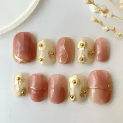【現品】くすみピンク×ゴールドフラワー ネイルチップ 上品 春ネイル　淡色