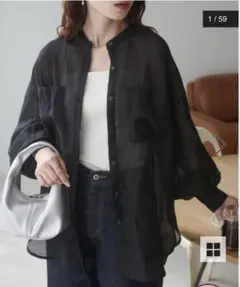 新品☆ディスコート☆シアーポケ付バンドカラーシャツ☆ブラック☆オーバーサイズ