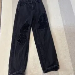 ダメージブラックデニムパンツ ワイドレッグ