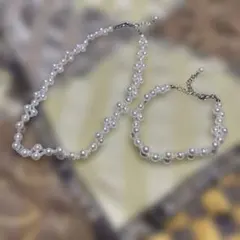 ハンドメイド パールビーズネックレスとブレスレット セット